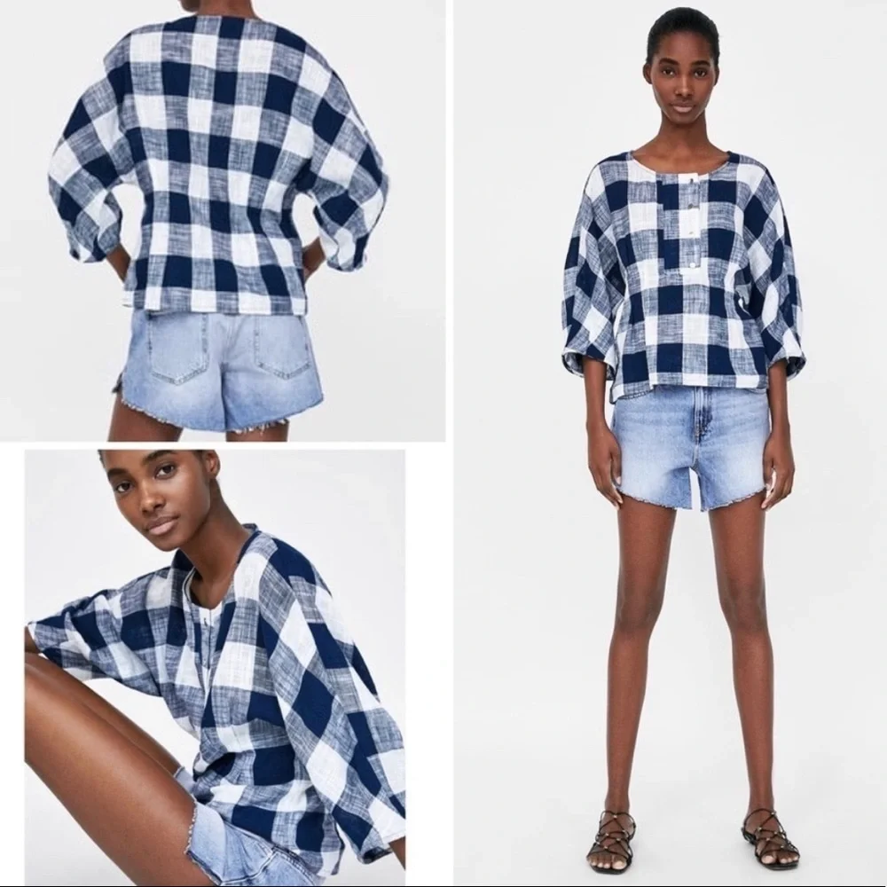 Zara Linen Gingham check Top - Picture 1 of 4